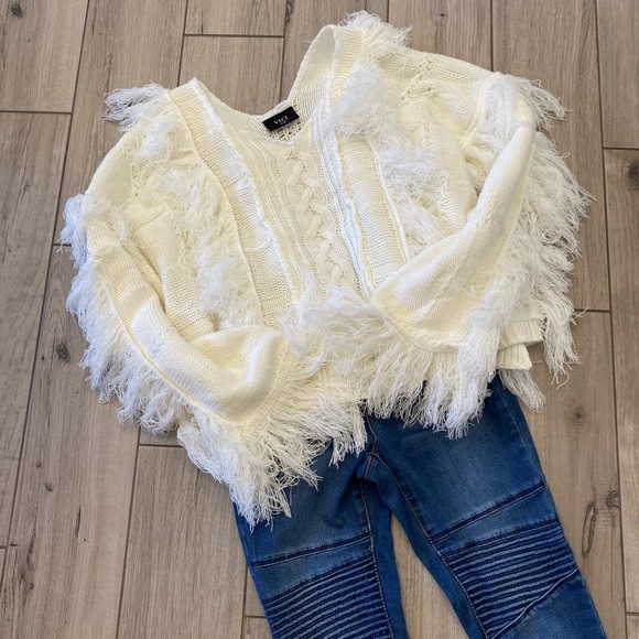 Vici Sweaters - VICI Fringed Ivory Knit Sweater